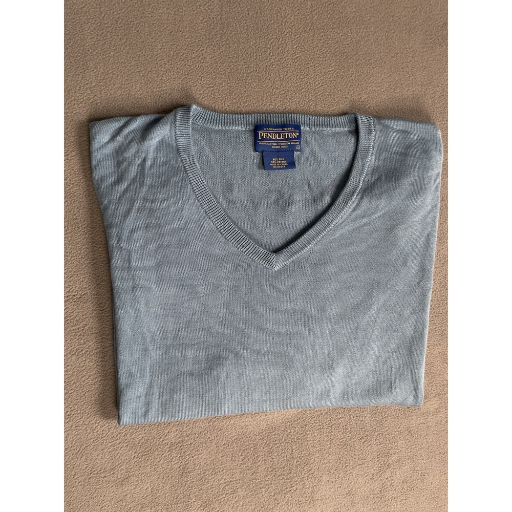Pendleton Sweater Mens Large Blue V Neck Silk Cotton Knit Pullover Lightweight